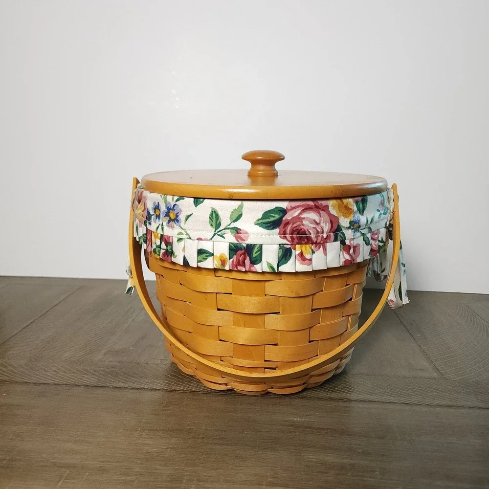 Longaberger Round Medium Fruit Basket with Lid and Liner Swing Handle